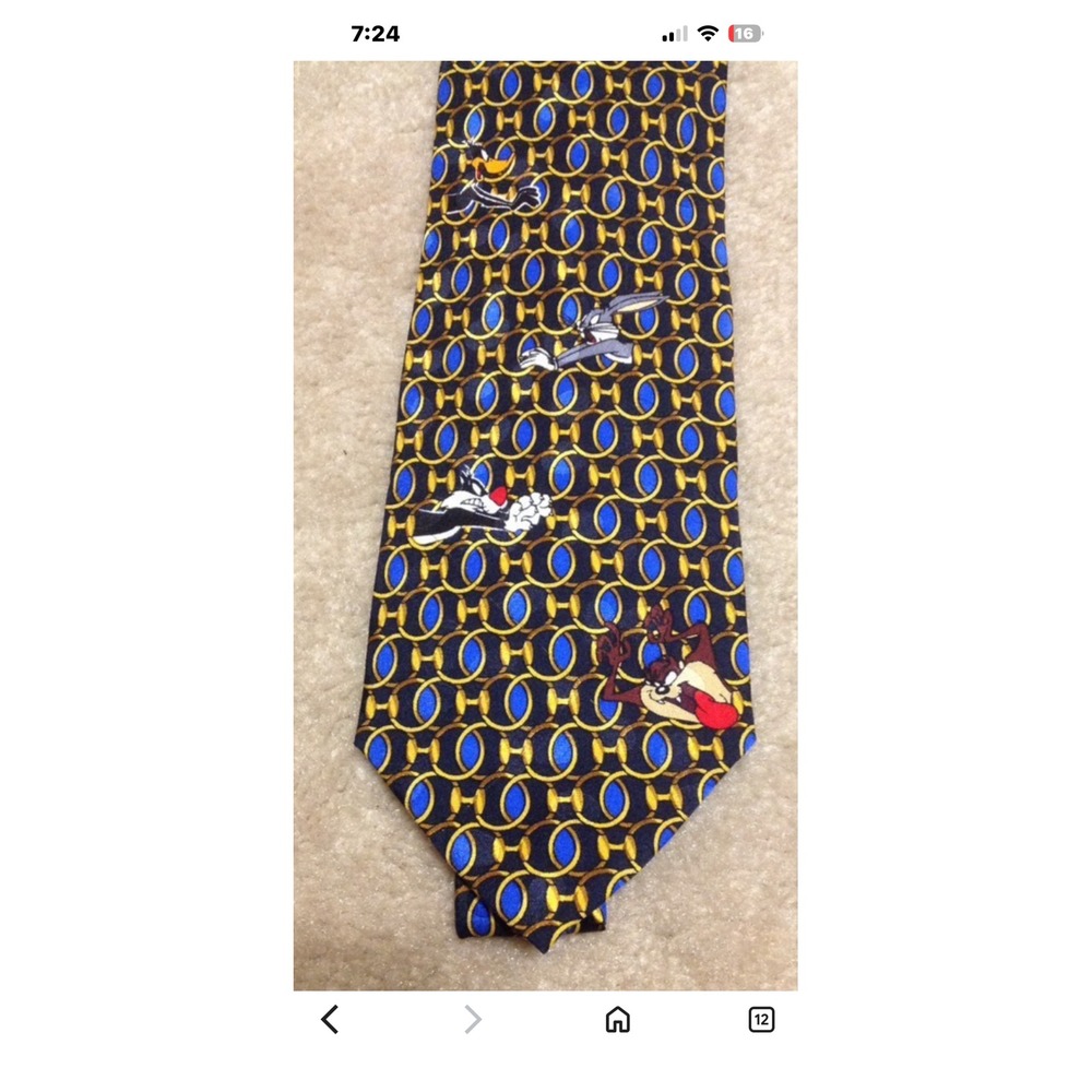 Vintage 1994 Looney Tunes Mania Tie Mens Navy Blue Goldโ Bugs Bunny Taz Daffy